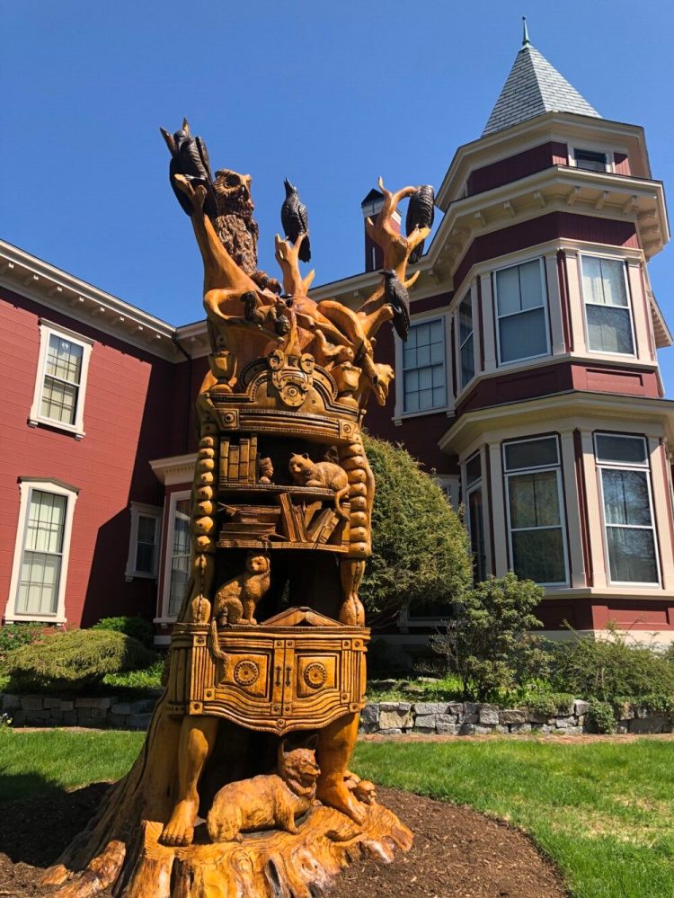 Josh Landry's chainsaw sculpture at the Bangor home of Tabitha and Stephen King, created from a 15-foot ash stump. 