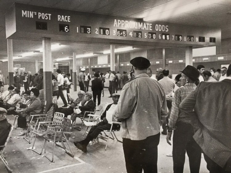 People gather in the lower grandstand area of Scarborough Downs in June 1971.