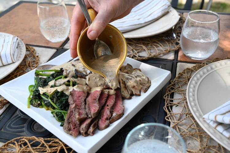 Peppered Mushrooms, Steak and Spinach with Brandy Cream Sauce. Things just taste better when we eat together sitting at the table. 