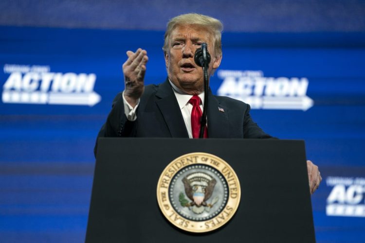 President Trump addresses a group of young Republicans at Dream City Church on Tuesday in Phoenix. Arizona has emerged as one of the nation’s most active hot spots for the spread of COVID-19, setting the nation's record for the percentage of positive tests. 