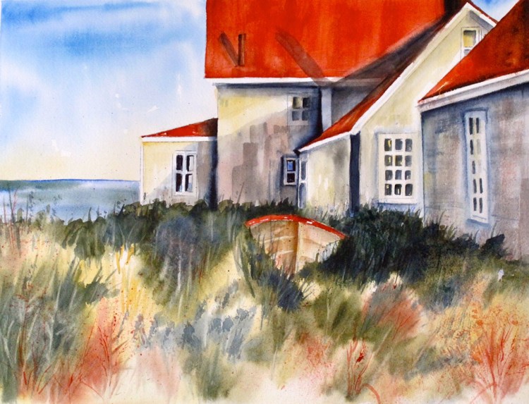 "Sunshine & Shadows — Monhegan" watercolor by Peggy Farrell.
