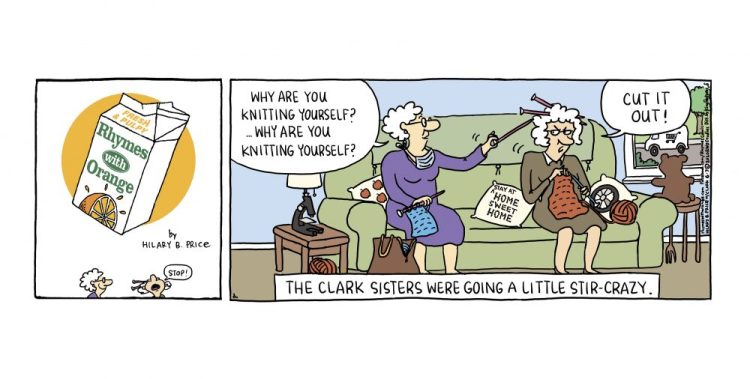 Artwork from the comic strip "Rhymes With Orange" by Hilary B. Price. “Baby Blues” co-cartoonist Rick Kirkman came up with the idea for comic strips to honor frontline workers this Sunday by hiding symbols like a microscope for medical researchers and an apple for teachers.  