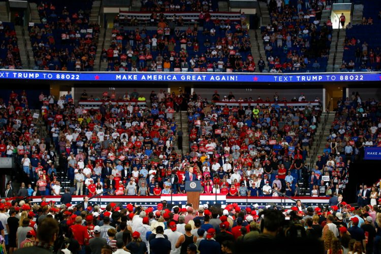 President Trump speaks during a campaign rally at the BOK Center Saturday,  in Tulsa, Okla. Sue Ogrocki/Associated Press