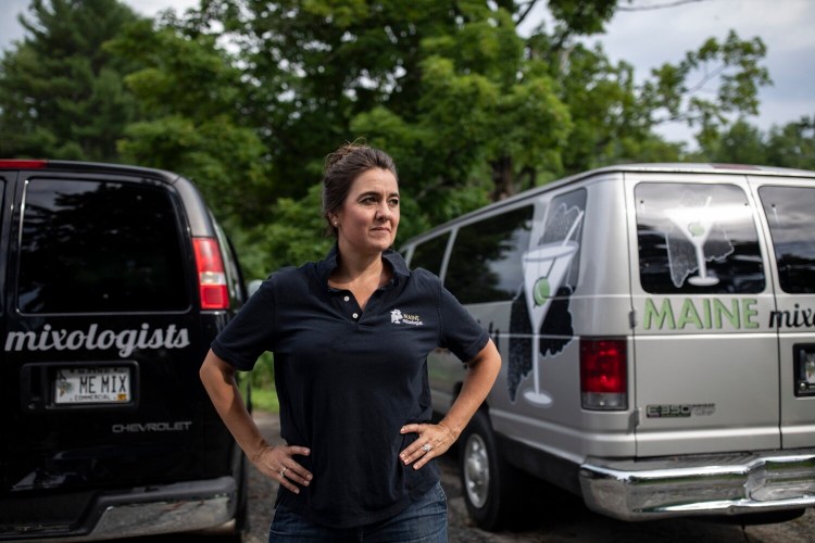 Misty Coolidge, owner of Maine Mixologists, poses for a portrait at her home in New Gloucester in mid-July. Coolidge usually does 75 to 120 events a year and employees a staff of about 30. More than half those events were cancelled this year because of the pandemic.