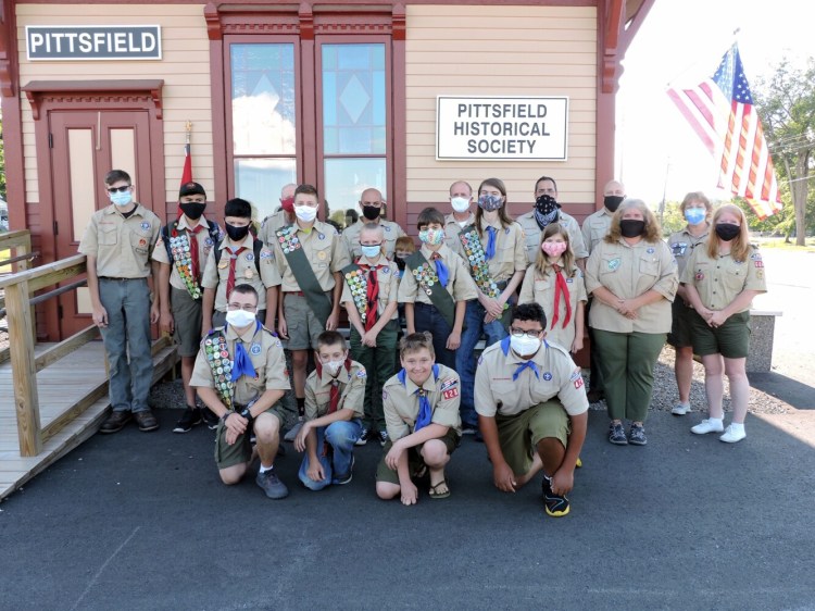 Pittsfield Boy Scout Troop 428 observes 105th anniversary of the Troop's founding in 1914. Front from left are Michael Connolly, Tyler Dearborn, Carl Tilton and Omar Jawo. Second row from left are Jeremiah Wiswall, Connor Files, Owen Riddle, Glenn Modrusan and Katrina Modrusan,  all of Troop 41G. Third row from left are Ethan Emery, senior patrol leader; Noah Wiswall, Lukas Modrusan, assistant senior patrol leader; Shelley Connolly, Scoutmaster; and Tammy Smith, Kennebec Valley District Commissioner. Fourth row from left are 
David Riddle, assistant Scoutmaster; David Whitman, assistant Scoutmaster; Ryan Stanley, Darren Files, advancement chairman; Donald Gage, assistant Scoutmaster; Matthew Klutzaritz, Pine Tree Council Scout Executive; and Kelly Pillsbury, Kennebec Valley District Chairwoman.

