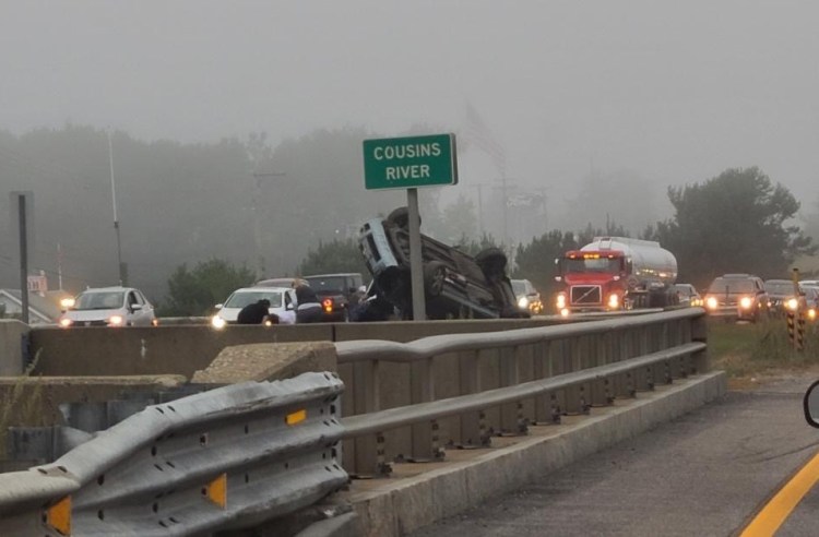 A car came to rest on the median of Interstate 295 in Yarmouth in an accident Tuesday afternoon.