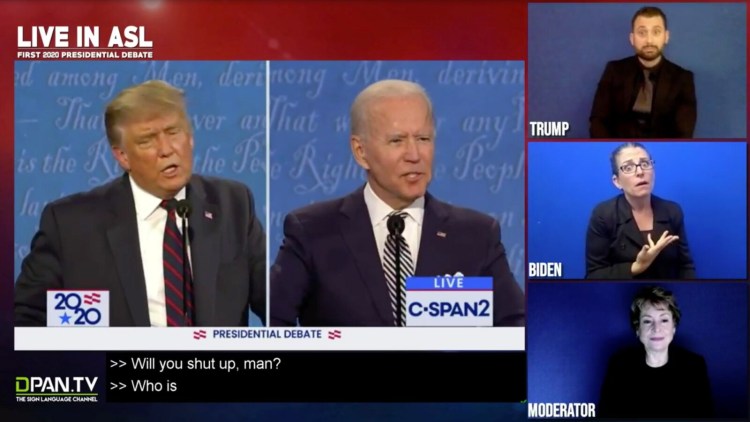 American Sign Language interpreter Regan Thibodeau, right center, interprets Joe Biden telling President Trump, "Will you shut up, man?" during the presidential debate last week. This image is taken from a video broadcast on DPAN.TV.