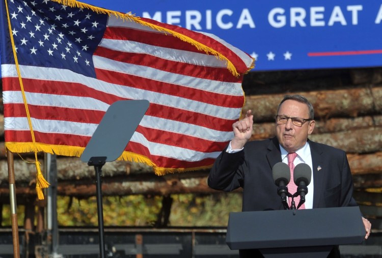 Paul LePage, former governor of Maine, speaks during Vice President Mike Pence's rally at Dysart's in Hermon in October 2020.
