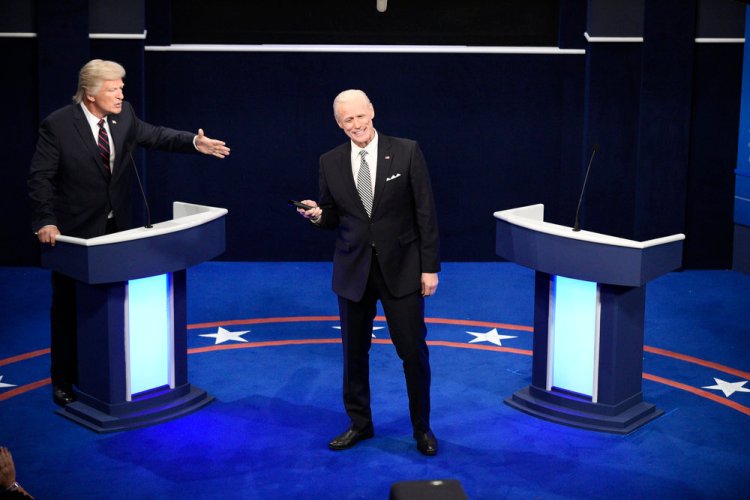 Alec Baldwin as President Trump, left, and Jim Carrey as Joe Biden during the "First Debate" Cold Open on "Saturday Night Live." 