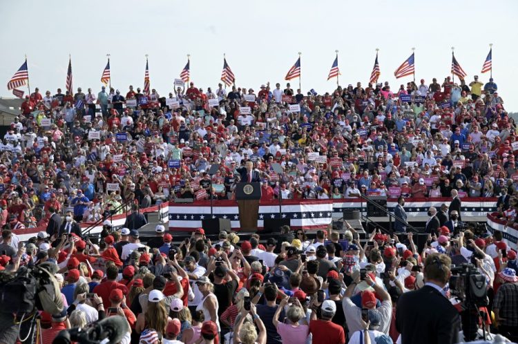 President Trump addresses supporters during a campaign rally Friday at the Ocala International Airport in Ocala, Fla.