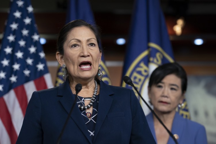 Rep. Deb Haaland, D-N.M., Native American Caucus co-chair, joined at right by Rep. Judy Chu, D-Calif., chair of the Congressional Asian Pacific American Caucus, speaks to reporters March 5 about the 2020 Census on Capitol Hill in Washington. O.J. Semans is one of dozens of tribal officials and vote activists around the country pushing selection of Haaland to become the first Native American secretary of Interior.  

