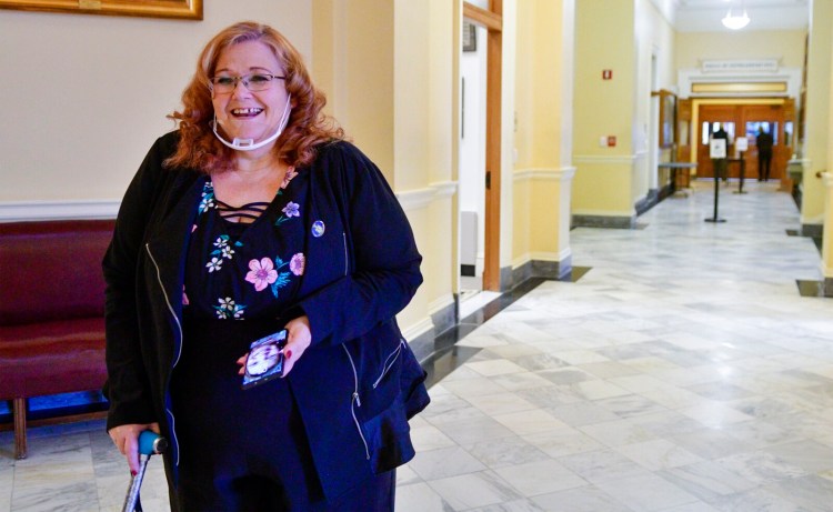 AUGUSTA, ME - JANUARY 5: Rep. Shelley Rudnicki, R-Fairfield, talks to a reporter  Tuesday January 5, 2021 at the Maine State House in Augusta. About 10 Republican representatives sat in their desks on the House floor attending an online party caucus. A press release from the group said, ÒWe will be ready, willing and able to work for the people of Maine,Ó the legislators said in a joint statement. ÒThe Maine Constitution clearly states the governor and the legislature are coequal branches of government. Governor Mills has been allowed to wage an all-out assault on MaineÕs small business community by cutting the legislature out of the process. The legislature needs to get back to work so their constituentsÑmany of whom vehemently disagree with Governor MillsÕ unprecedented and draconian actionsÑcan have a voice in the process.Ó (Staff photo by Joe Phelan/Staff Photographer)