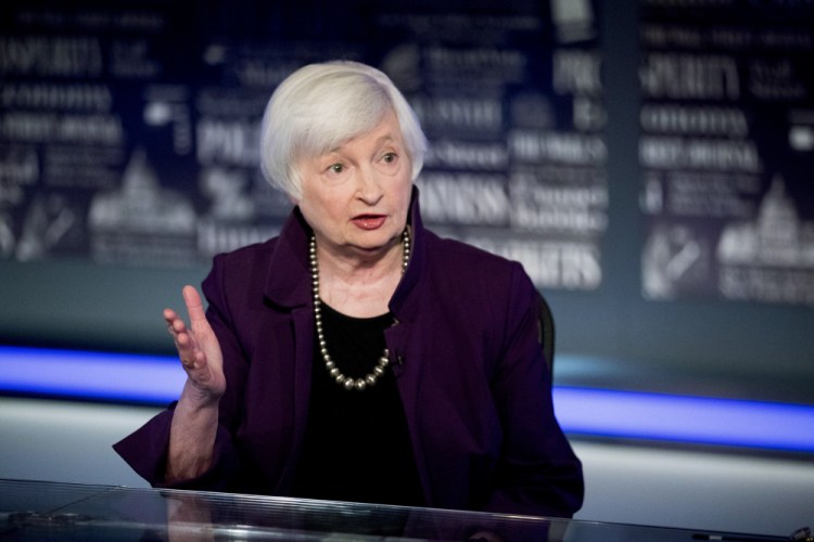 Treasury Secretary nominee Janet Yellen, former Fed Chair, speaks with FOX Business Network guest anchor Jon Hilsenrath in the Fox Washington bureau in Washington in August 2019. 
