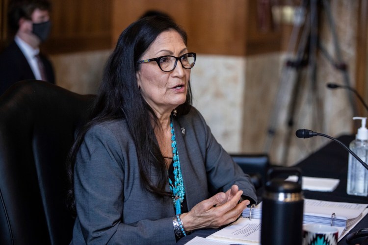 Rep. Deb Haaland, D-N.M., speaks during a Senate Committee on Energy and Natural Resources hearing on her nomination to be Interior Secretary, Tuesday, Feb. 23, 2021 on Capitol Hill in Washington. (Graeme Jennings/Pool via AP)