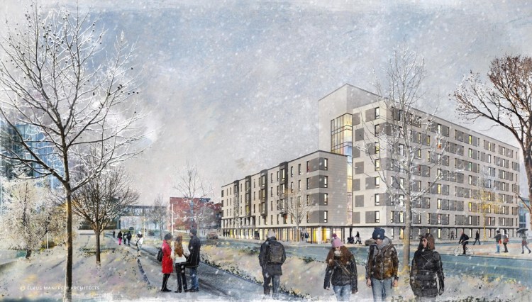 The planned residence hall at the University of Southern Maine's Portland campus, as seen from Bedford Street.