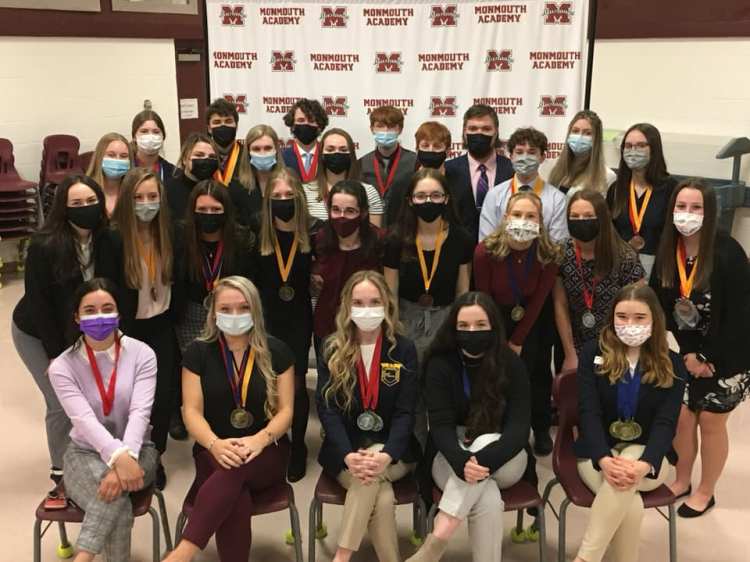 All the Monmouth Academy’s chapter of Future Business Leaders of America students, front, from left, are Chloe Dwinal, Alicen Burnham, Lydia Roy, Madison Sharples and Rhayna Poulin. Second row, from left are, Mia Luce, Mackenzie Grant, Brooklyn Federico, Izzy Hamann, Hailey Rooney, Sophia Johnson, Lily Turotte, Kyleigh Gowell and Averi Beaudoin. Third row, from left, are Jocelyn Coffin, Grace Vierling, Kylie Brown, Hayden Luce, Taylor Whalen, Mike Dolan, Delaney Houston, Lucas Harmon, Ben Hamann, Jacob Umberhind, Zeke Delorme, Emma Gray and Natalie Aube. Not pictured but participated in conference: Abby Atwood, Reese Beaudoin, Isaac Oliveria, Olivia Degen, Mya Sirois and Megan Ham.