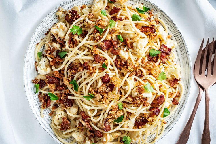 Lemony Bucatini With Cauliflower and Bacon. MUST CREDIT: Photo by Scott Suchman for The Washington Post.