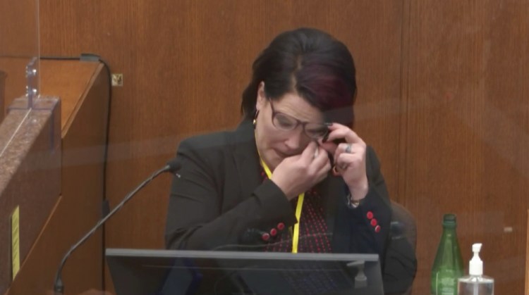 In this image from video, witness Courteney Ross answers questions on Thursday in the trial of former Minneapolis police officer Derek Chauvin at the Hennepin County Courthouse in Minneapolis, Minn. Chauvin is charged in the May 25, 2020, death of George Floyd. Ross was Floyd's girlfriend.