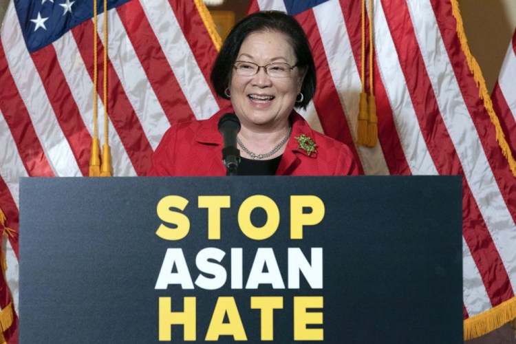 Sen. Mazie Hirono, D-Hawaii, speaks during a news conference on Capitol Hill in Washington on April 13. 