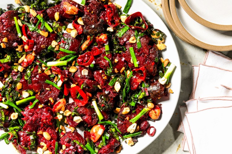 Crispy Smashed Beets With Garlic, Scallions and Chile. MUST CREDIT: Photo for The Washington Post by Laura Chase de Formigny
