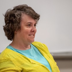 Paris Town Manager Dawn Noyes listens Monday to discussion from the audience at the annual Town Meeting at the Fire Station. <span class="credit"> <i>Russ Dillingham/Sun Journal</i></span>