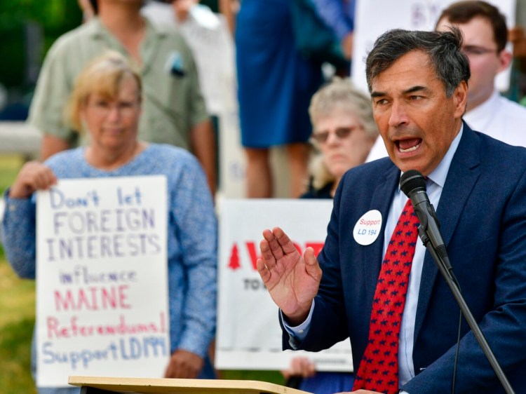 Sen. Richard Bennett, R – Oxford, speaks in favor of overturning Gov. Janet Mills' veto of L.D. 194 "An Act To Prohibit Contributions, Expenditures and Participation by Foreign Government-owned Entities To Influence Referenda" at a news conference before the session started Wednesday at the Maine State House in Augusta. Joe Phelan/Staff Photographer