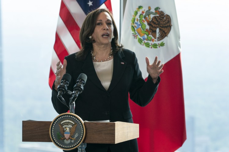 Vice President Kamala Harris speaks to the media, Tuesday, June 8, 2021, at the Sofitel Mexico City Reforma in Mexico City. 