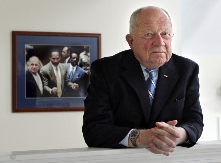 Famed defense attorney F. Lee Bailey is shown in 2014 in his office in Yarmouth. Bailey, the celebrity attorney who defended O.J. Simpson, Patricia Hearst and the alleged Boston Strangler, but whose legal career halted when he was disbarred in two states, died Thursday at the age of 87. 