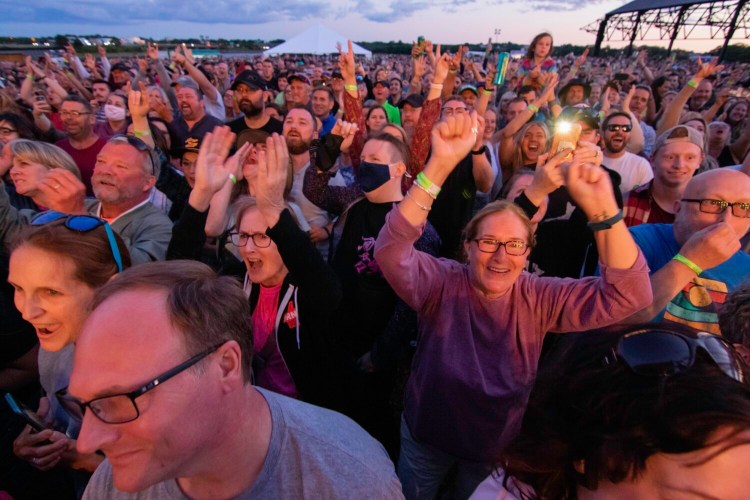 PORTLAND, ME: JULY 30: Concert goers cheer for Nathaniel Rateliff and the Night Sweats at ThompsonÕs Point on Friday, July 30, 2021(Photo by Carl D. Walsh/Staff Photographer)