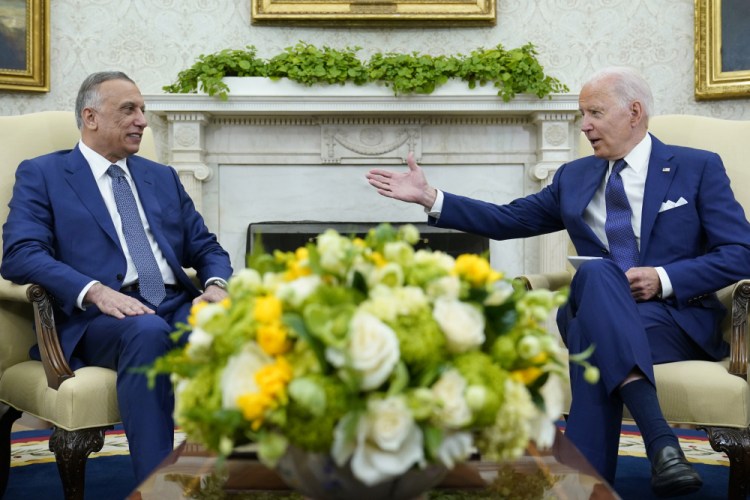 President Biden and  Iraqi Prime Minister Mustafa al-Kadhimi in the Oval Office on Monday. "Our shared fight against ISIS is critical for the stability of the region and our counterterrorism operation will continue, even as we shift to this new phase we’re going to be talking about,” Biden said.