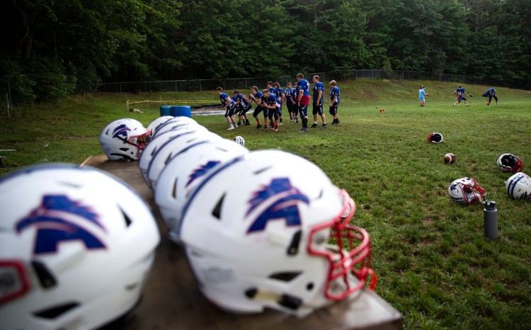 TOPSHAM, ME - AUGUST 25: Mt. Ararat/Hyde football practice at Mt. Ararat High School. (Davis/Staff Photographer)