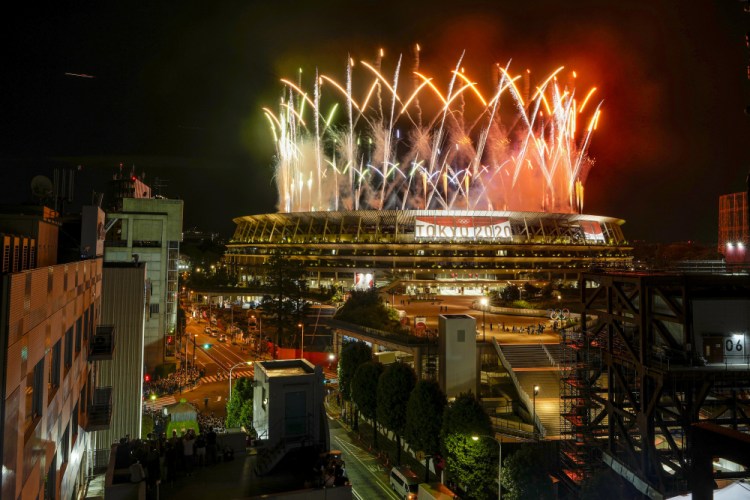 Fireworks illuminate over National Stadium during the closing ceremony of the 2020 Tokyo Olympics, Sunday in Tokyo.