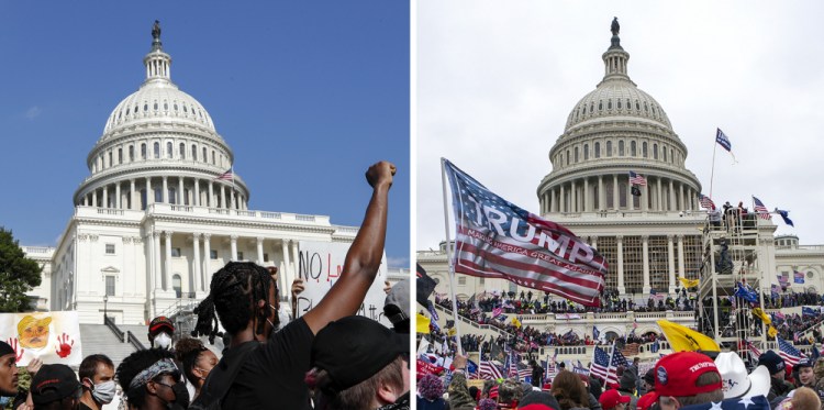 In this combination of photos, demonstrators, left, protest on June 4, 2020, in front of the U.S. Capitol in Washington, over the death of George Floyd, and, right, on Jan. 6, 2021, supporters of President Trump rally at same location. Some charged in the Jan. 6 riot at the U.S. Capitol as well as their Republican allies claim the Justice Department is treating them harshly because of their political views. They also say those arrested during last year’s protests over racial injustice were given leniency. Court records tell a different story. 