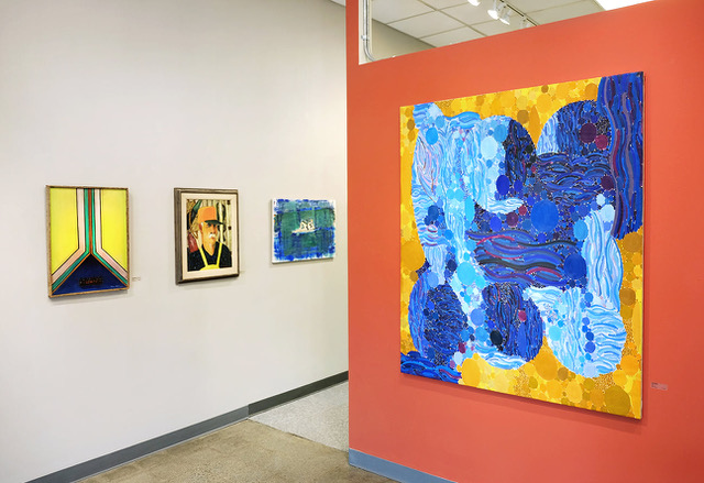 "Blue Peninsula" by Lynne Drexler, right, among other paintings in "Maine Masters of Modernism" at Elizabeth Moss Galleries in Falmouth.