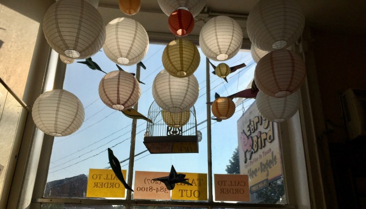 The Early Bird Cafe in South Berwick, from the inside looking out to Main Street.