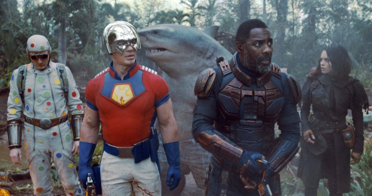 From left, David Dastmalchian, John Cena, Idris Elba and Daniela Melchoir in a scene from "The Suicide Squad." 