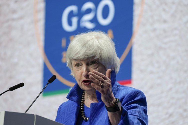 Treasury Secretary Janet Yellen speaks during a press conference at a G20 Economy, Finance ministers and Central bank governors' meeting in Venice, Italy on July 11.  Senate Minority Leader Mitch McConnell has warned Yellen he is not budging on his demand that Democrats go it alone on the federal debt limit, deepening the emerging standoff in Congress over how to boost the government's borrowing authority.  