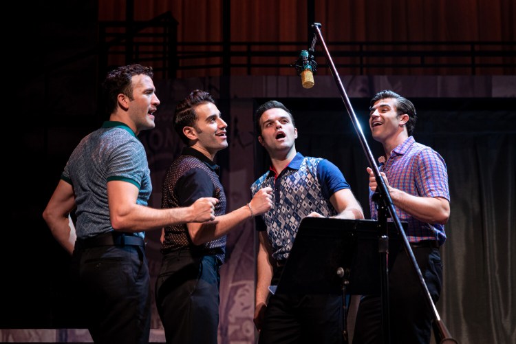 Matthew Amira as Nick Massi, Joshua Charles Skurnik  as Frankie Valli, Sam Wolf as Tommy DeVito and John Battagliese as Bob Gaudio in Maine State Music Theatre's production of "Jersey Boys."