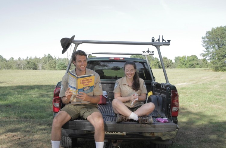 Cape Elizabeth High School alums Sara Friedman and Dave Register between takes on the set of "Heightened."