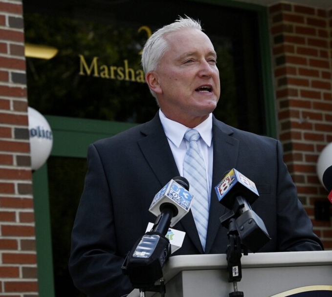 Falmouth Police Chief  John Kilbride speaks with the media outside the police station Wednesday. He said, "These officers were engaged immediately upon exiting their vehicles” before Tuesday's shooting.