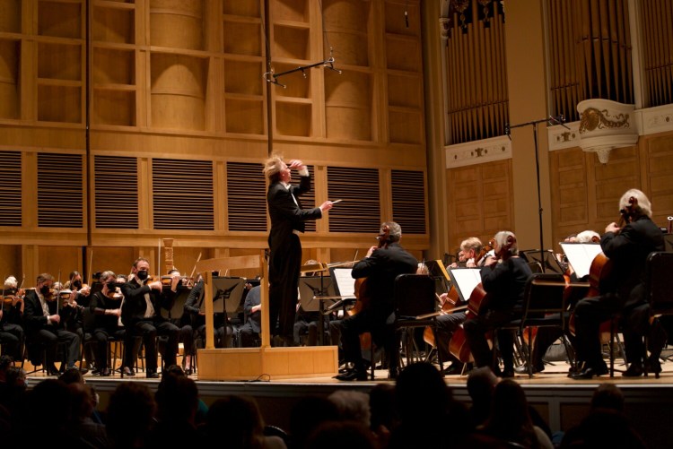 Musical Director Eckart Preu conducts the Portland Symphony Orchestra in its first live, in-person concert in more than a year. 