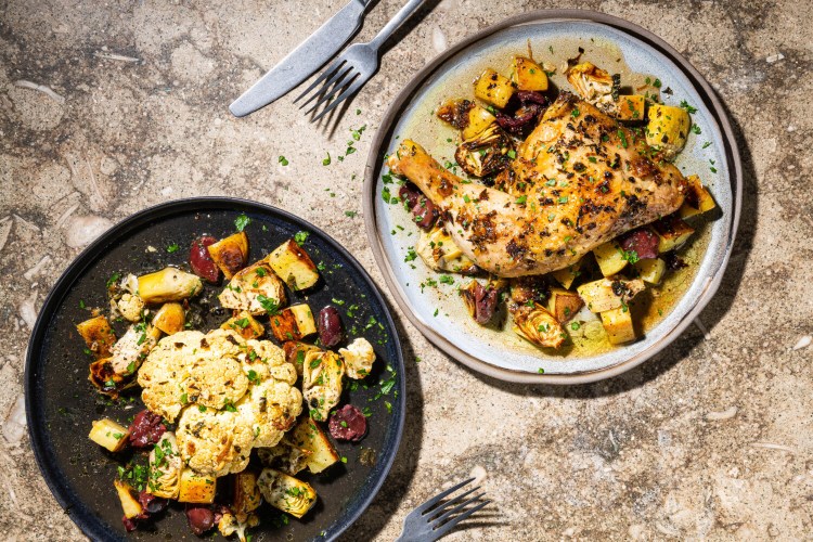 Sheet Pan Chicken or Cauliflower with Lemony Potatoes and Kalamata Olives