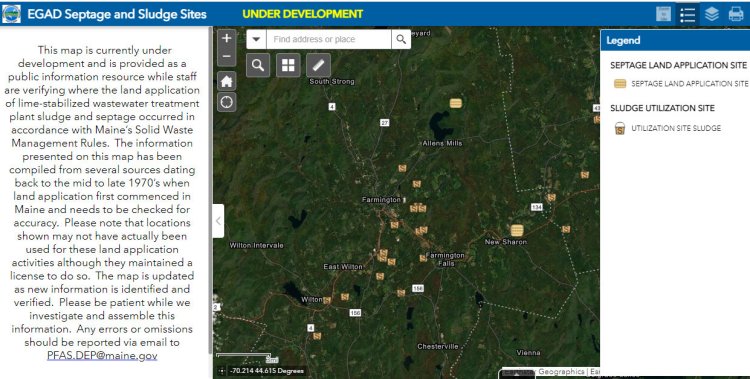 Sites where towns had licenses to spread sludge (solid) or septage (liquid) sewage in the greater Farmington area decades ago. The license didn't guarantee any waste was spread on a particular site.