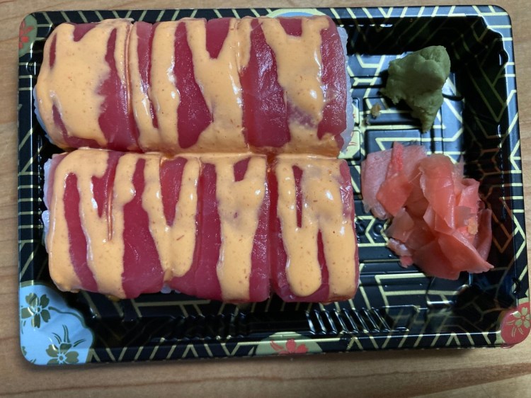 A spicy crunchy tuna roll from Keg and Kraken in Portland. 