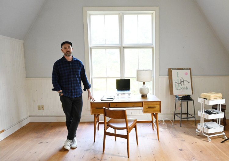 Children's book author  and illustrator Peter Brown in his home studio, near Damariscotta. 